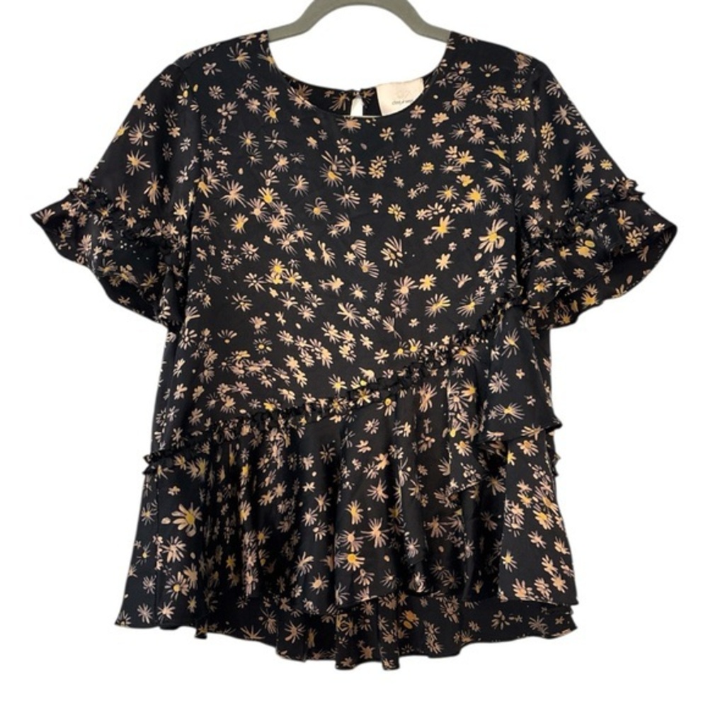 Cinq a Sept Floral Flutter Sleeve Silk Blouse in Black Size Small